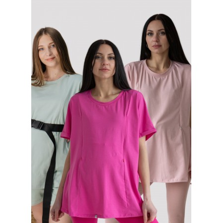 Комплект футболок оверсайз 3 шт для беременных с секретом для кормления Черная/Малиновая/Пудровая